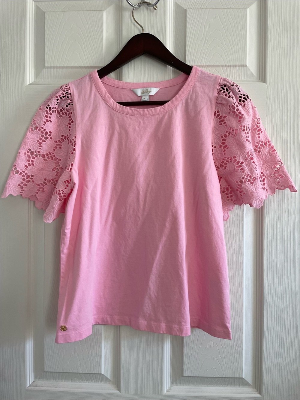 Lilly Pulitzer Pink Cotton Top Size M Eyelet Lace Puff Sleeve Tee